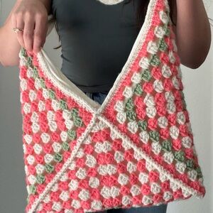 Handmade Crochet Pink and White Tote Bag
